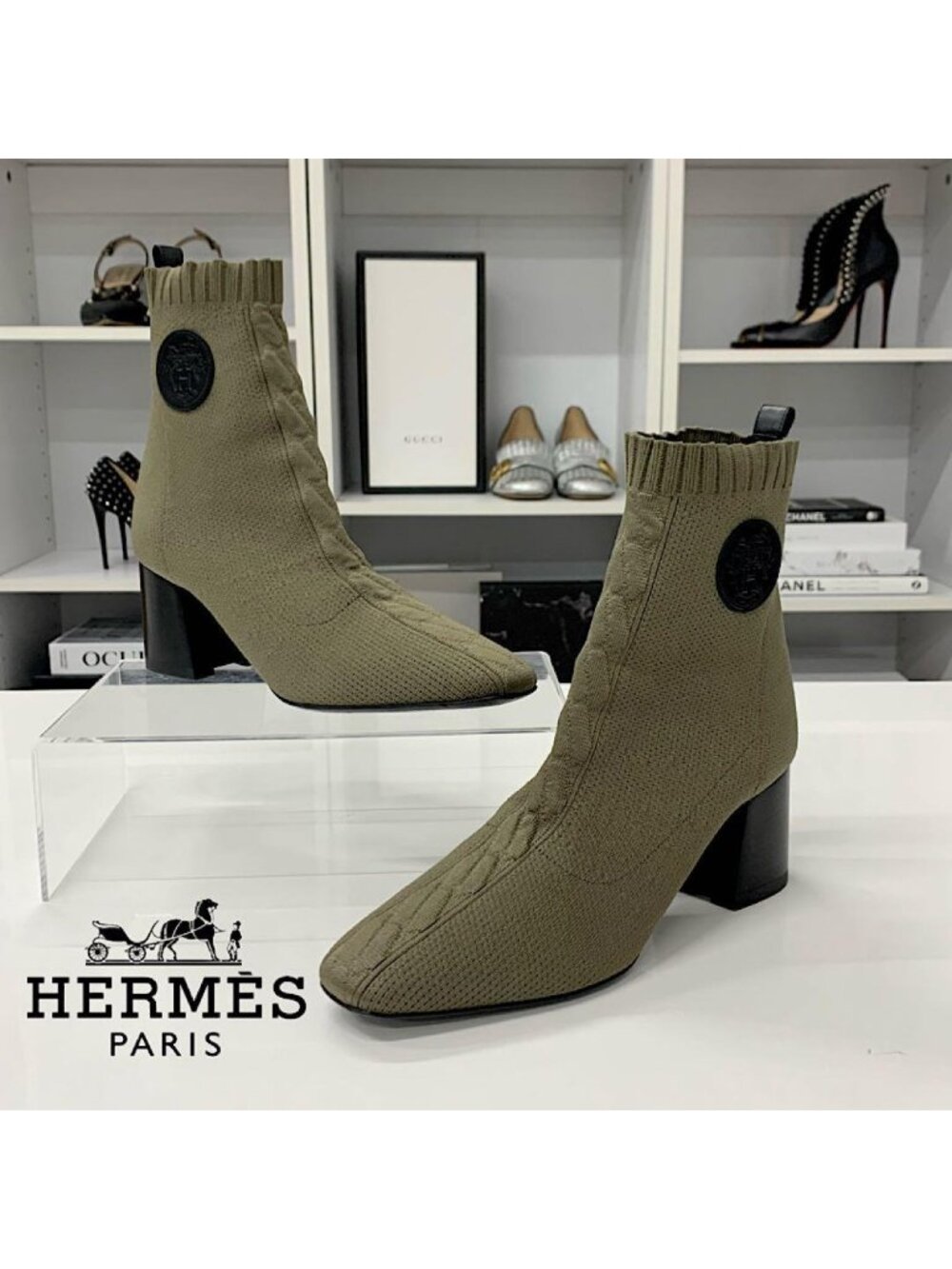 Hermes Vert 60 Fabric Leather Ex-Libris Boots